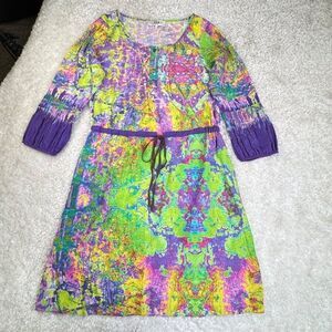 Tibi Silk Half Button Watercolor Dress Tie Waist Purple Green